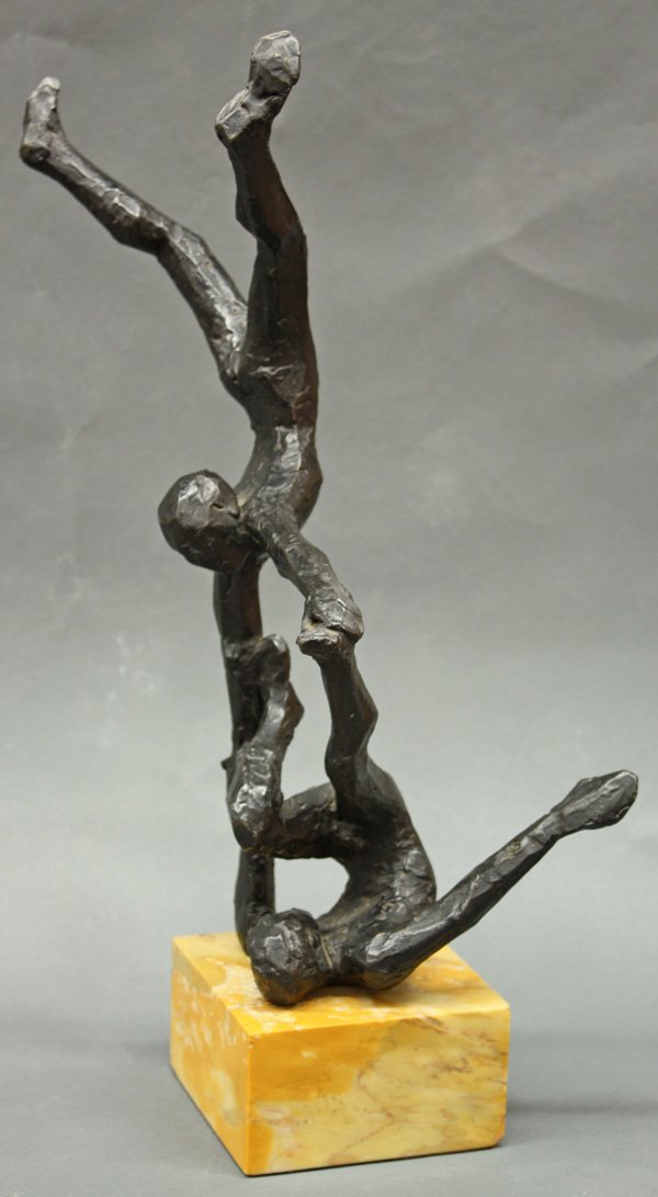 Bronze, Peter Rockwell, 2 Acrobatic Figures: Bronze sculpture on yellow marble base, Two Acrobatic Figures, 1968, by Peter Rockwell (American, b. 1936), initialed and dated ''PR '68'' lower figure side, sculpture: 15''h x 10.5''w x 9''d, overall