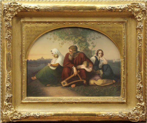 Framed KPM plaque circa 1867: Framed KPM plaque circa 1867, depicting a Babylonian scene, the cuffed central figure holding a lyre and flanked by his mourning daughters signed lower right F.Schmidt and dated 1867, impressed with K
