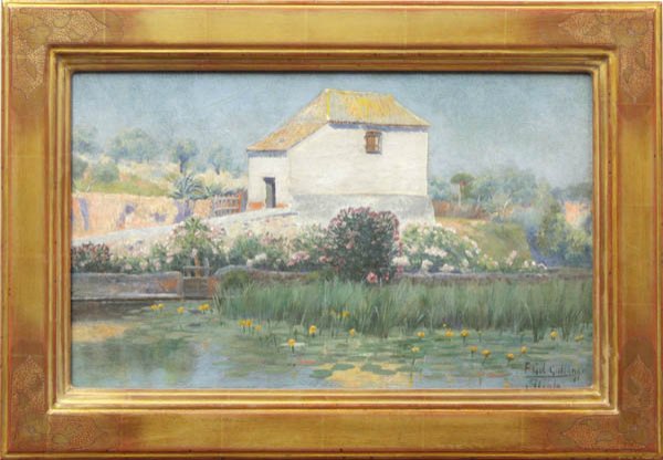 Painting, Felipe Gil Gallango, House in Alcala Po: Framed oil on canvas, House in Alcala by a Pond, by Felipe Gil Gallango (Spanish, 1868-1938), signed and inscribed ''F Gil Gallango Alcala'' lower right, sight: 10.125''h x 16.875''w, overall: 14.75''