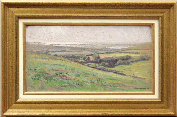 Painting, Andre Prevot-Valeri, Landscape from Hil: Framed oil on board, View of a Landscape from a Hilltop, by Andre Prevot-Valeri (French, 1890-1930), unsigned, stamped ''Andre Prevot-Valeri'' lower right, atelier stamped verso, sight: 9.25''h x 17.5