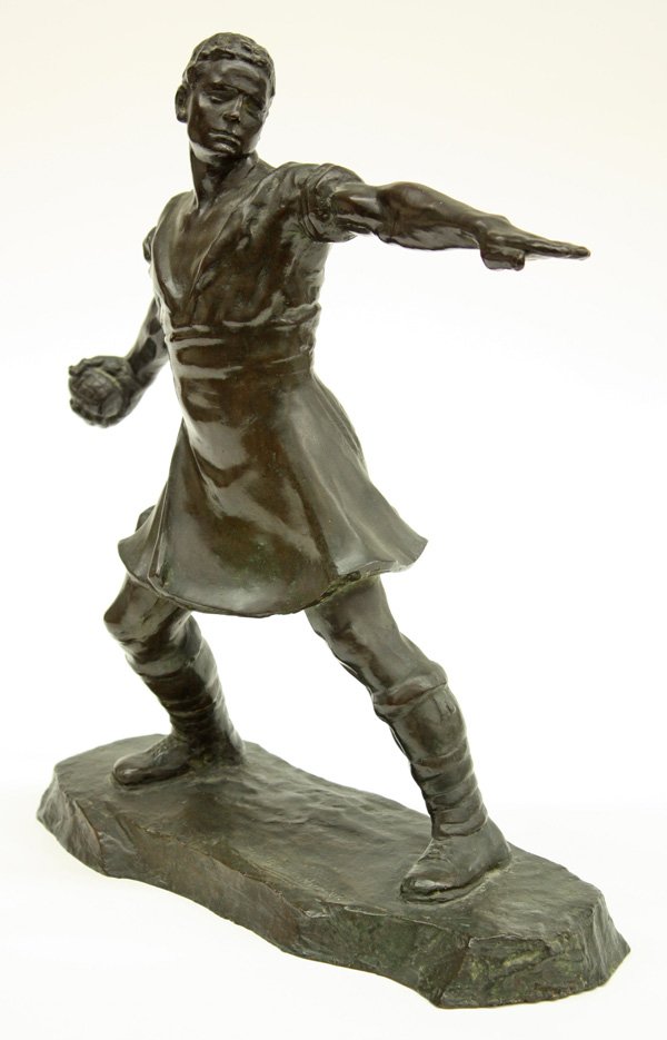 Bronze, Alexander Proudfoot, Bomb Thrower: Bronze sculpture, ''The Bomb Thrower,'' 1910, by Alexander Proudfoot (British, 1878-1957), signed and dated ''A. Proudfoot 1910'' center bottom base, title label affixed underneath, overall: 14.625''h