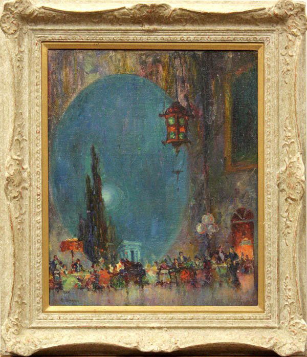 Painting, attributed to Everett Shinn: Framed oil on canvas mounted on board, Pan-Pacific Exhibition, attributed to Everett Shinn (American, 1876-1953), bears signature ''E. Shinn'' lower left, inscribed ''E. Shinn Pan. Pac.'' verso, remna