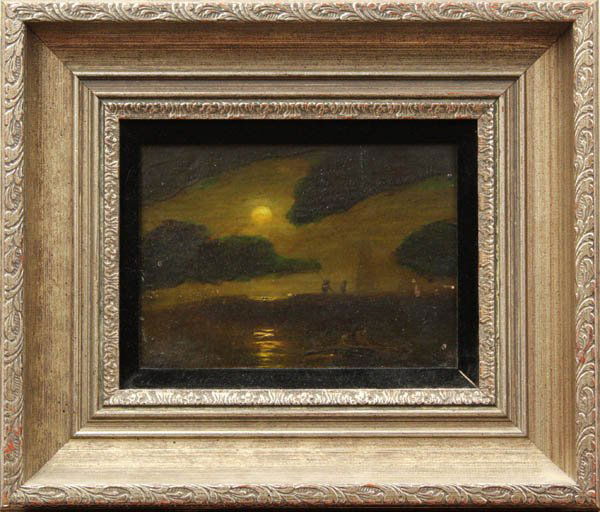 Painting, in the manner of Albert P. Ryder: Framed oil on board, Moonlight Scene with Rowboat and Fisherman, in the manner of Albert Pinkham Ryder (American, 1847-1917), bears signature ''Ryder'' lower left, sight: 6''h x 8.25''w, overall: 13.1