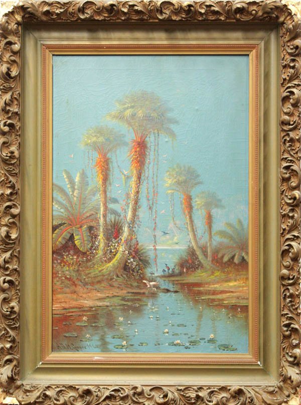Painting, A.D.M. Cooper Californian: Framed oil on canvas, ''The Palms,'' 1920, by Astley David Middleton Cooper (Californian, 1856-1924), signed and dated ''A.D.M. Cooper 1920'' lower left, sight: 29''h x 19.5''w, overall: 40''h x 29''w