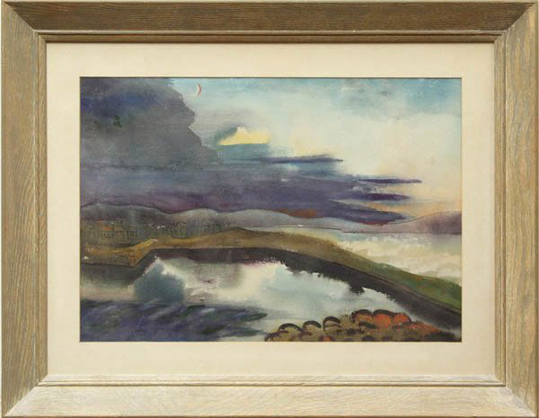 Watercolor, Beatrice Mandelman, Evening Sky: Framed watercolor on paper, Evening Sky, by Beatrice Mandelman (America 1912-1998), signed ''B. Mandelman'' lower right, sight: 14''h x 20''w, overall: 22''h x 28''w