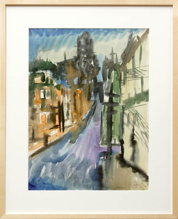 Watercolor, Rex Ashlock, SF 1957 Greene St: Framed watercolor on paper, ''SF 1957 Greene St,'' 1957, by Rex Ashlock (Californian, 1918-1999), signed ''Ashlock'' lower right, inscribed and dated verso, sight: 19.5''h x 14.5''w, overall: 26.5''h