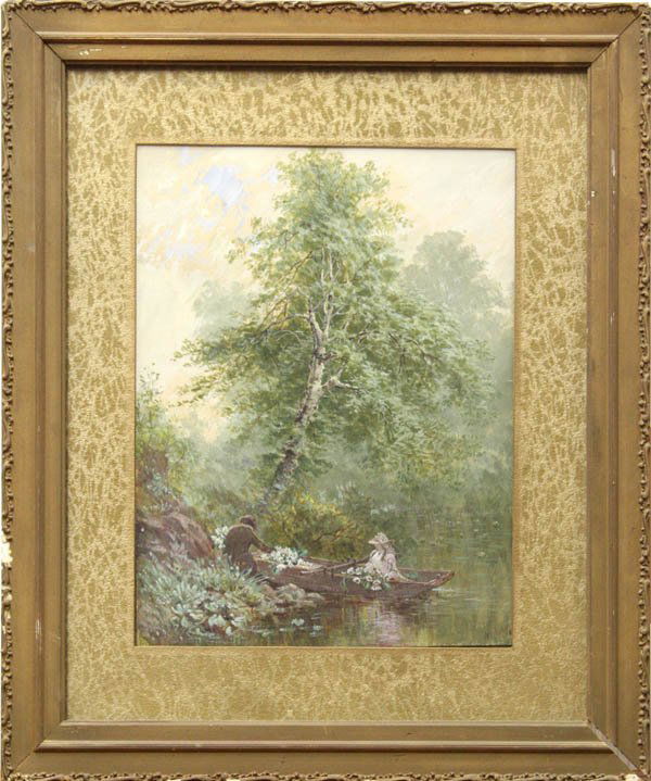 Painting William Hamilton Gibson Coupe in Rowboat: Framed gouache and watercolor on paper, Couple in a Rowboat with Flowers, circa 1870, by William Hamilton Gibson (American, 1850-1896), signed ''W.H. Gibson'' lower right, sight: 12''h x 9''w, overall