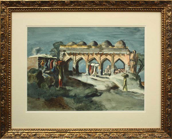 watercolor, Millard Sheets, India,: Framed watercolor, ''India,'' 1944, by Millard Owen Sheets (Californian, 1907-1989), signed, inscribed and dated ''Millard Sheets, India, 1944'' lower right, sight: 21''h x 29.25''w, overall: 34.75''h