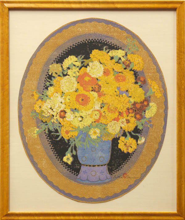 Print, Gustave Baumann, Still Life - Flowers: Framed color woodblock print, Still Life - Flowers, by Gustave Baumann (German/American, 1881-1971), signed ''Gustave Baumann'' and stamped lower right, labels affixed verso, sheet: 21.75''h x 17.75''