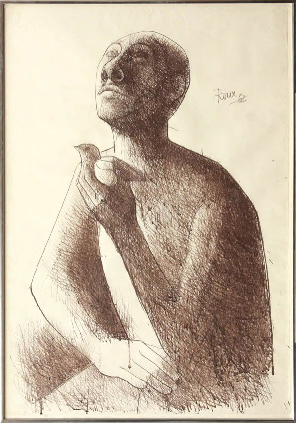 Drawing, Guillermo Roux, Portrait: Framed pen and ink drawing, Portrait with an Upturned Face, 1962, by Guillermo Roux (Argentinian, b. 1929), signed and dated ''Roux 62'' upper right, sheet: 39''h x 27.25''w, overall: 40.25''h x 28.25