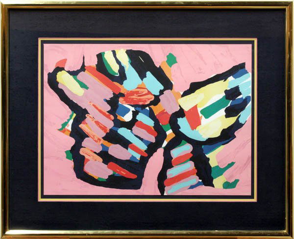 Print, Karel Appel, Reclining Cat: Framed lithograph, ''Reclining Cat,'' by Karel Appel (Dutch, 1292-2006), signed ''Appel'' lower center, inscribed ''E.A.'' lower left, label affixed verso, sheet: 21.25''h x 29.25''w, overall: 34''h x