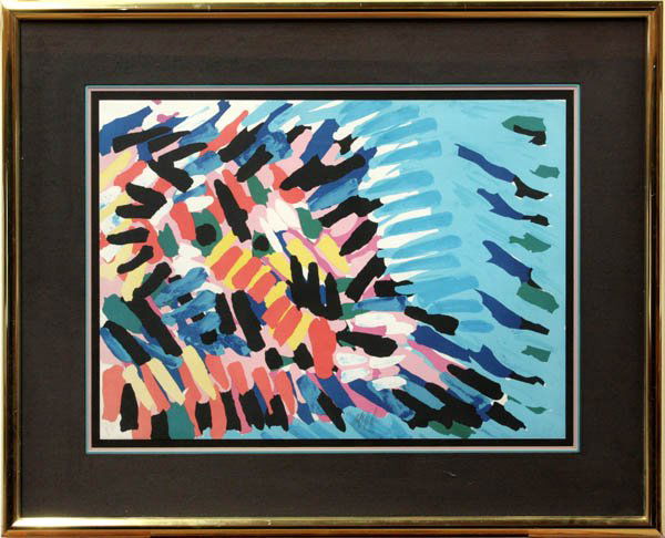 Print, Karel Appel, Moving in Blue: Framed lithograph, ''Moving in Blue,'' by Karel Appel (Dutch, 1292-2006), signed ''Appel'' lower center, inscribed ''P.P.'' lower left, label affixed verso, sheet: 21.25''h x 29.25''w, overall: 34''h