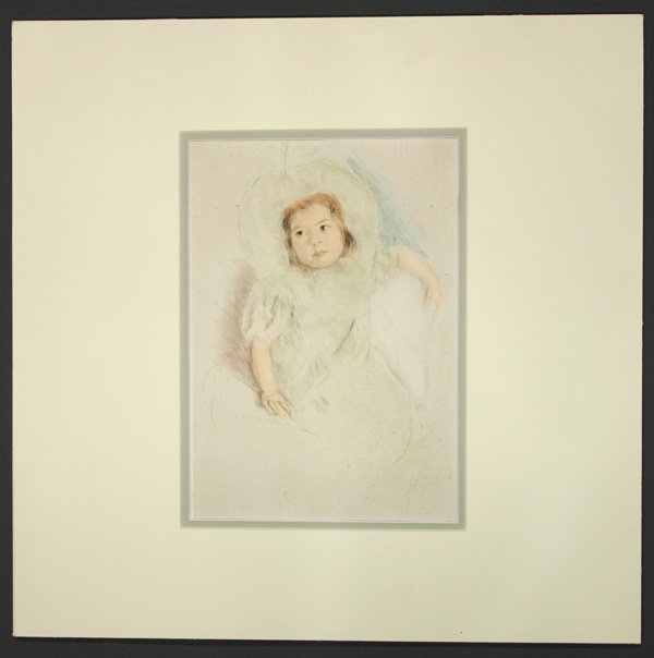 Etching, Mary Cassatt, Margot with Bonnet: Unframed matted handcolored etching, ''Margot with Bonnet,'' circa 1900, by Mary Cassatt (American, 1844-1926), unsigned, sight: 8.5''h x 6''w, overall: 14''h x 14''w. Provenance: Swann Galleries (New