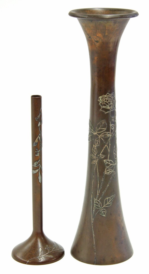 Heintz sterling on bronze art metal articles: (lot of 6) Heintz sterling on bronze art metal articles including a lidded humidor with its original liner 2.5''h x 8.5''w x 3.5''d, a match safe with tray 3''h, a tray with insert 4'', a Silvercrest