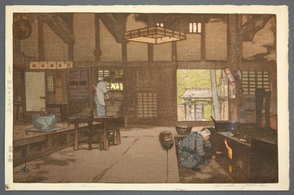 Japanese Modern Woodblock Print, Hiroshi Yoshida: Unframed Japanese modern woodblock print, by Hiroshi Yoshida (1876-1950), entitled 'Farm House/Nôka' (Farmhouse), Ogura #249, left margin with jizure seal and dated Showa 21 (1946), pencil signed on 