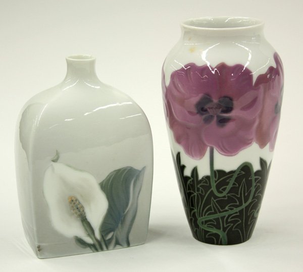 Bing and Grondahl vases, Royal Copenhagen figurin: (lot of 4) Bing & Grondahl calla lily decorated vase, mark representing year 1898, 6'' (small chip to rim); Bing & Grondahl poppy decorated vase, mark representing years 1899-1901, 6.75''; B & G Parak