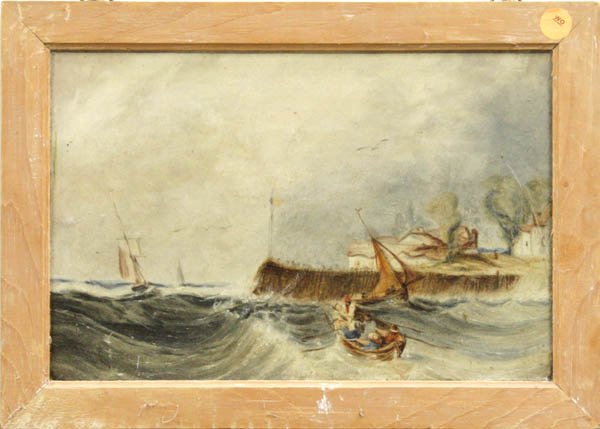 Painting, Men Rowing a Boat in a Churning Sea: Framed oil on board, Men Rowing a Boat in a Churning Sea, 18th/19th Century, Continental School, unsigned, overall: 10''h x 14''w