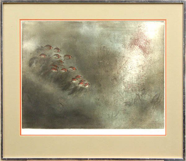 Print, Kaiko Moti, A School of Fish: Framed color etching and aquatint, A School of Fish, 1966, by Kaiko Moti (Indian, 1921-1989), pencil signed and dated lower right, edition 78/100, overall: 28''h x 32''w