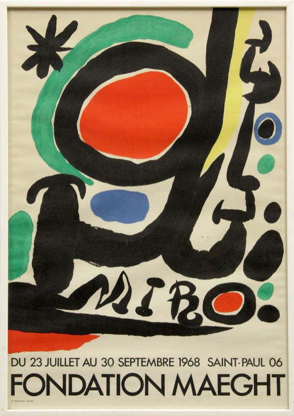 Prints, Joan Miro (after), Galerie Adrien Maeght: (lot of 2) Framed lithographs, ''Galerie Adrien Maeght'' & ''Foundation Maeght,'' circa 1968, after Joan Miro (Spanish/French, 1893-1983), published by Maeght, largest overall: 27.75 x 21.