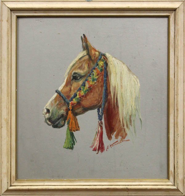 Painting, A. Karamzin, Monaco: Framed oil on board, ''Monaco'' (Arabian Horse), by A. Karamzin, signed lower right, inscribed verso, overall: 18''h x 17''w
