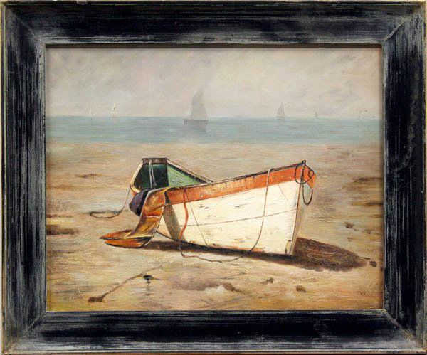 Painting, Charles Edwin Lewis Green (manner of): Framed oil on board, Winter Dory - Swampscott Massachusetts, Kings Beach, contempoary copy, in the manner of Charles Edwin Lewis Green (American, 1844-1915), overall: 21''h x 24.5''w