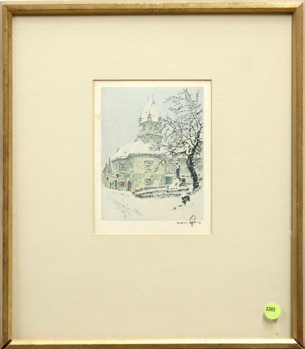 Etchings, Hans Figura, Near Vienna: (lot of 2) Framed color etchings and aquatint, Perchtoldsdorf Near Vienna, by Hans Figura (Austria, b. 1898), each pencil signed ''Hans Figura'' lower right, plate: 6.25''h x 4.75''w & 5.75''h x 6.75'
