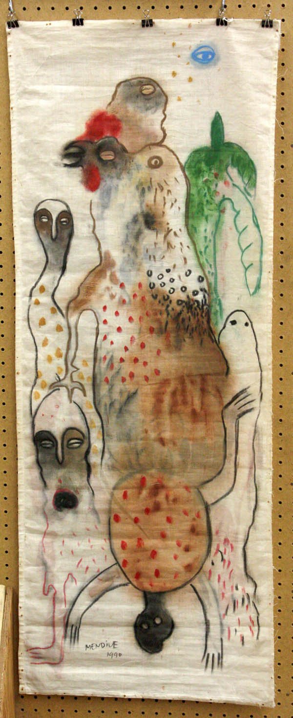 Painting, Manuel Mendive, Abstract Figures: Unframed mixed media on fabric, Untitled (Abstract Figures), 1990, by Manuel Mendive (Cuban, b.1944), signed and dated ''Mendive 1990'' lower left, overall: 48''h x 19.25''w. Provenance: Given to the 