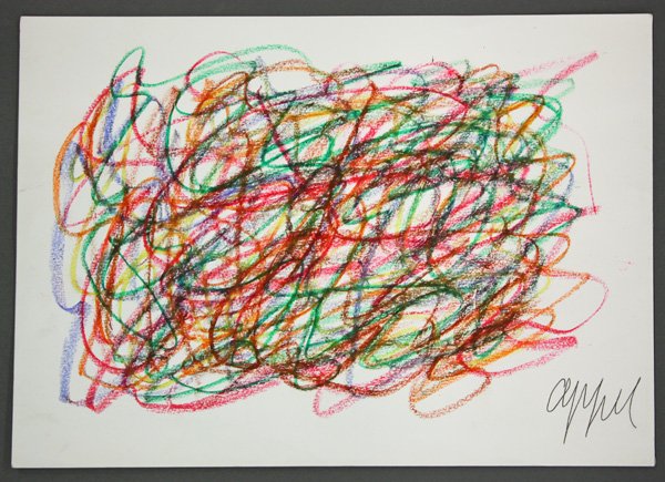 Pastel/Crayon, manner of Karel Appel, Abstract: Unframed pastel/crayon drawing, Abstract, in the manner of Karel Appel (Dutch, 1921-2006), bears printed signature ''Appel'' lower right, sheet: 11.75''h x 16.4''w