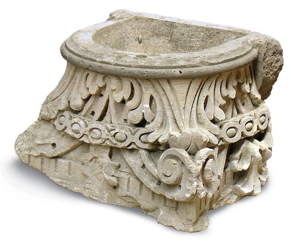 Renaissance 15th century Italian marble fountain: Renaissance, 15th century carved Italian marble fountain in the form of a column capital with acanthus leaf and scroll, 20''h x 26''d, with some losses. Provenance: The Merv Griffin Estate, purchased 