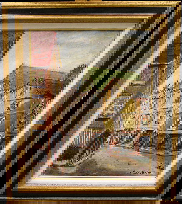 Oil/board, Pascal Cucaro: Framed oil on board, European Street Scene, 1954, by Pascal Cucaro, signed lower right, dated on reverse 23.5'' x 17.5''