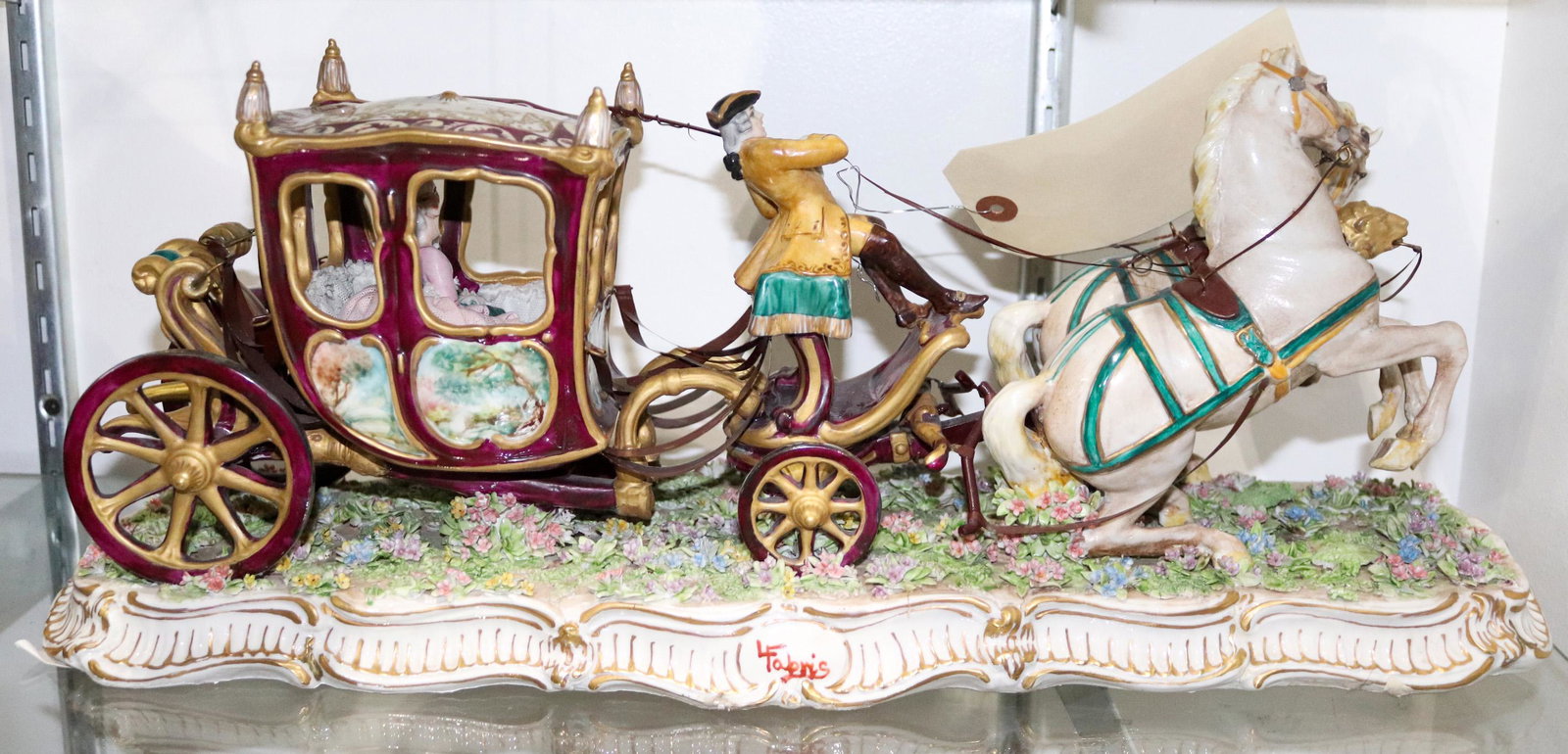 Italian Luigi Fabris porcelain figure horse drawn: Italian Luigi Fabris porcelain figure horse drawn carriage with crinoline dressed female in the compartment, 8"h x 20"w x 6"d