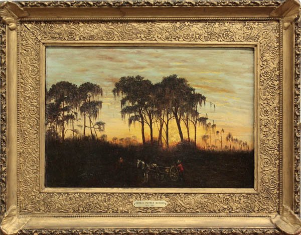 Painting, Jennie Potter Hayden, Early Evening: Framed oil on canvas, Early Evening Landscape with a Horse-Drawn Wagon, by Jennie Potter Hayden (American, 19th/20th Century), possibly signed indistinctly lower right, sight: 12''h x 18''w, overall: 