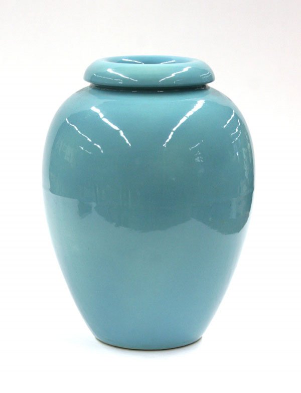 Bauer turquoise oil jar: Bauer of California oil jar executed in the turquoise glaze, unmarked, 15''h
