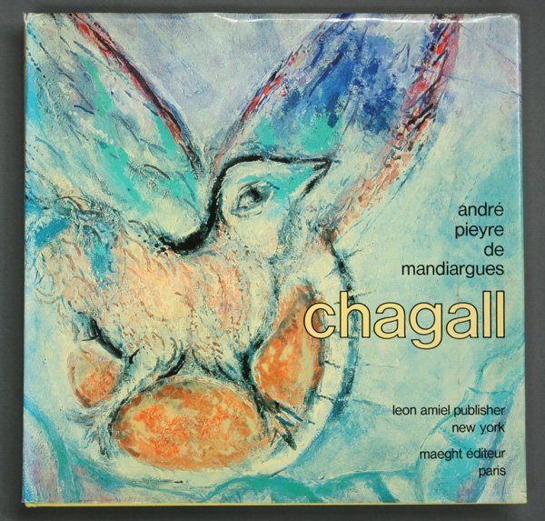 Book, Mandiargues, Chagall 1974: Book, Mandiargues, Chagall published by Leon Amiel/Maeght 1974, with an original double page lithograph ''Le Feuve Vert'' 11.25''square
