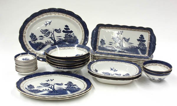 Royal Doulton porcelain serving pieces: (lot of 42) Royal Doulton porcelain serving pieces in the Booths Real Old Willow pattern, consisting of three oval serving platters, largest 16''w, two tureens 2'' x 10.5''w, 6 rectangular platters 13