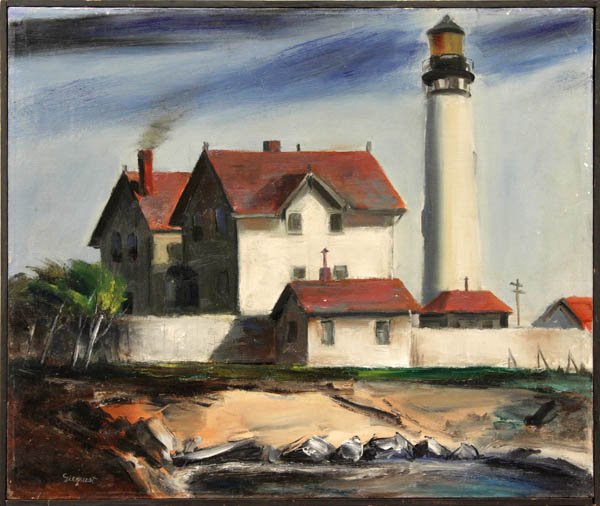 Painting, Louis Siegriest, Pigeon Point: Framed oil on canvas, ''Piegon Point,'' 1940, by Louis Bassi Siegriest (California, 1899-1989), signed ''Siegriest'' lower left, signed, titled, and dated verso, sight: 20''h x 24''w, overall: 20.625'