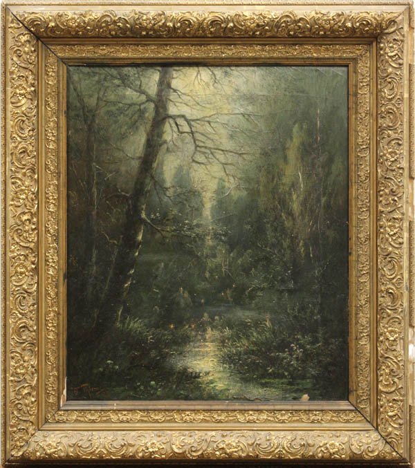 Painting, Friedrich Thieme, Dense Forest: Framed oil on canvas, Dense Forest with Sun Reflecting on a Creek, 1889, by Friedrich Thieme (German, fl.1870-1880), signed and dated ''F. Thieme 89.'' lower left, sight: 16.75''h x 14''w. Condition: 