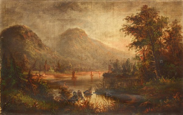 Painting, Landscape with Sailboats and Mountains: Unframed oil on canvas, Landscape with Sailboats and Mountains, Continental School, mid 19th Century, in the style of the Hudson River School, unsigned, overall: 14''h x 22''w