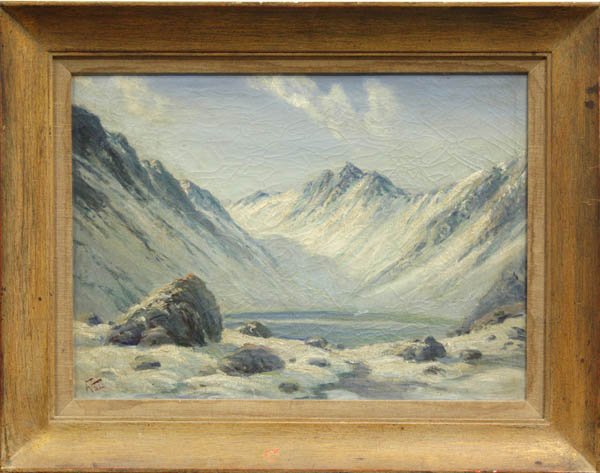 Painting, F. Vial, Chile, Mountain Landscape: Framed oil on canvas, Snow-Covered Mountains and Lake, by F. Vial (Chilean, 19th/20th century), signed ''F. Vial'' lower left, sight: 14''h x 19.5''w, overall: 19.875''h x 25.5''w