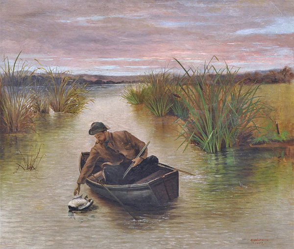 Painting, Arthur Beckwith, Duck Hunting: Framed oil on canvas, Man Duck Hunting from a Boat, 1893, by Arthur Beckwith (California/England, 1860-1930), signed and dated ''A. Beckwith 1893'' lower right, sight: 25.125''h x 29.5''w, overall: 31