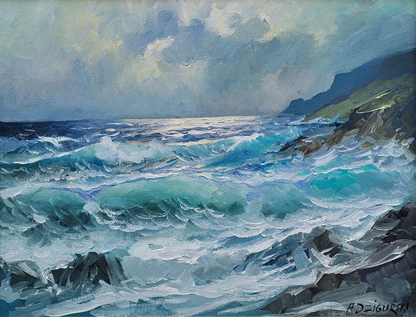 Painting, Alexander Dzigurski, Seascape: Framed oil on canvas, Seascape, by Alexander Dzigurski (California, 1911-1995), signed ''A. Dzigurski'' lower right, sight: 13.5''h x 17.5''w, overall: 22.5''h x 26.25''w