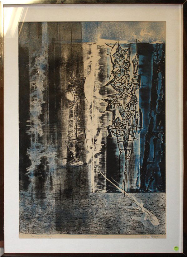 Print, Boris Margo, Abstract Compsition: Framed cellocut, Abstract Compostion, 1953, by Boris Margo (American, 1902-1995),pencil signed ''Boris Margo'' lower right, dated lower left, edition 2/7, sight: 34.5''h x 23.25''w, overall: 41.25''h