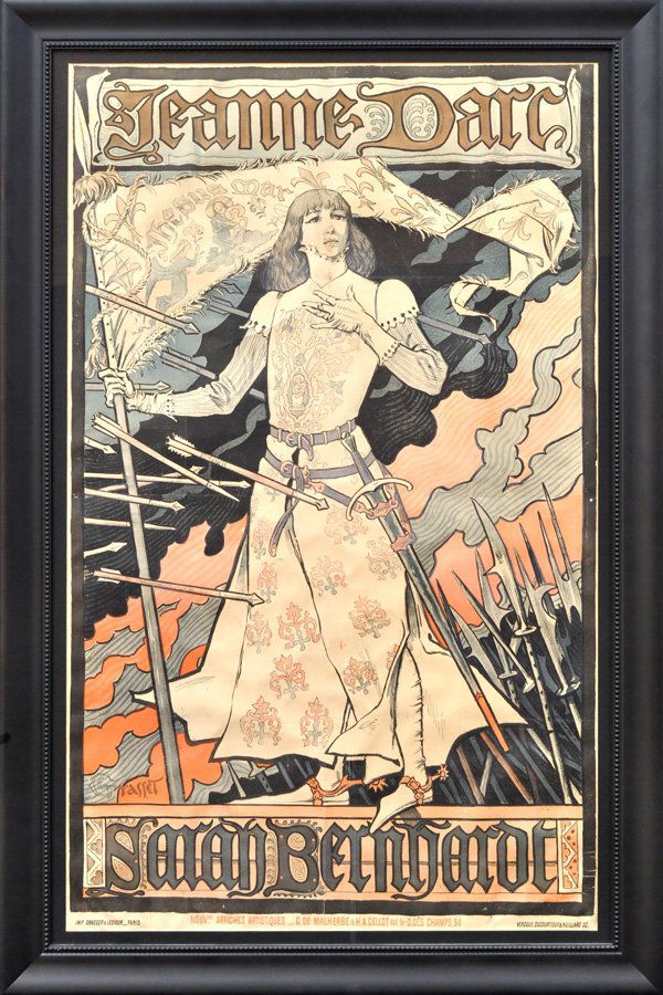 Lithograph, Eugene Grasset, Jeanne d'Arc: Framed lithograph poster laid on linen, ''Jeanne d'Arc, Sarah Bernhardt'' (1894), by Eugene Grasset (French, 1845-1917), stone signed ''Grasset'' lower left, sight: 46''h x 28.125''w, overall: 53.25''