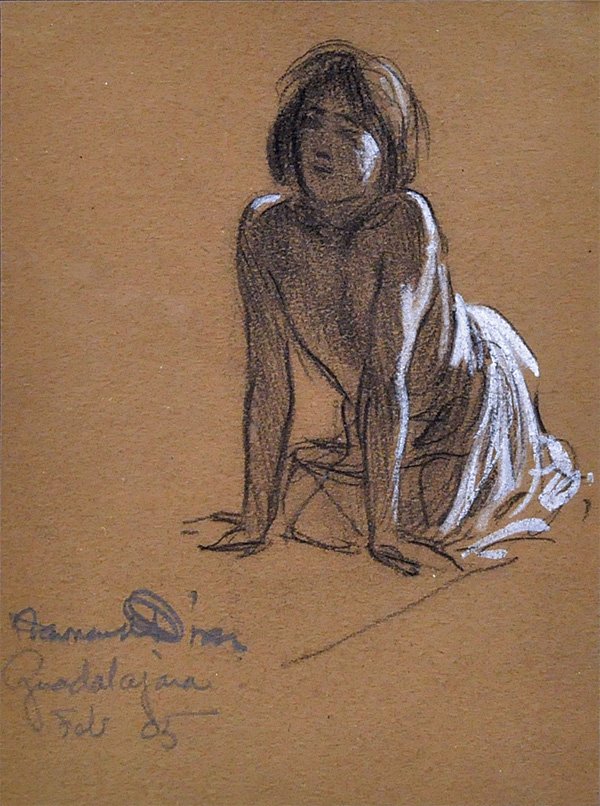 Pencil drawing, Maynard Dixon, Guadalajara: Framed charcoal and white pastel drawing, Guadalajara, Woman Leaning Forward on her Knees, 1905, by Maynard Dixon (California, 1875-1946), signed ''Maynard Dixon'' lower left, dated and inscribed lowe