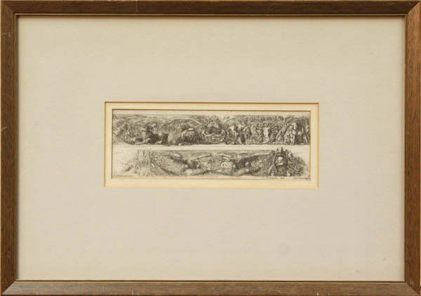 Print, Stefano Della Bella,: Framed etching, ''Ornamenti,'' by Stefano Della Bella (Italian, 1610-1664), unsigned, label affixed verso, sight: 3.25''h x 9.5''w, overall: 14''h x 20''w