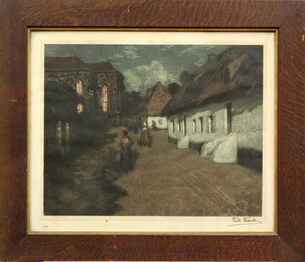 Etching, Fritz Thaulow, European Village in Eveni: Framed etching and aquatint, European Village in the Evening, by Frits Thaulow (Norwegian, 1847-1906), pencil signed lower right, numbered and stamped lower left, plate: 18.75''h x 23.5''w, overall: 2