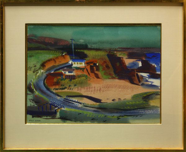 Watercolor, Erle Loran, Houses by a Sandy Cove: Framed watercolor on paper, Houses by a Sandy Cove, by Erle Loran (California, 1905-1999), signed ''Earle Loran'' lower left, sight: 14.5''h x 19.5''w, overall: 23.5''h x 27.75''w