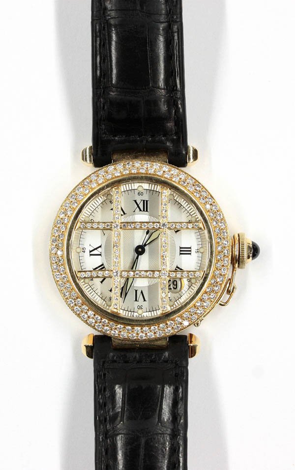 Gentlemen's Cartier wristwatch yellow gold di Pas: Gentlemen's Pasha de CARTIER wristwatch; mounted in 18k yellow gold, set with (186) diamonds weighing 1.86 cts. Having a black leather strap and date window. #MG249275