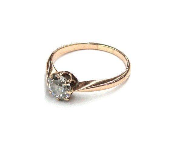 Diamond solitaire ring: Diamond solitaire ring; mounted in 14k yellow gold, set with a diamond measuring 6.91 - 6.71 x 4.05 mm and weighs 1.16 cts. Total ring weight 2.8 grams. Ring size 7.75