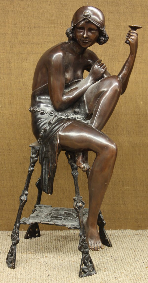 Bronze, Girl Sitting on a Stool: Bronze sculpture, Woman Sitting on a Stool, Continental School, circa 1920s, unsigned, overall: 26.75''h x 12''w x 7.25''d